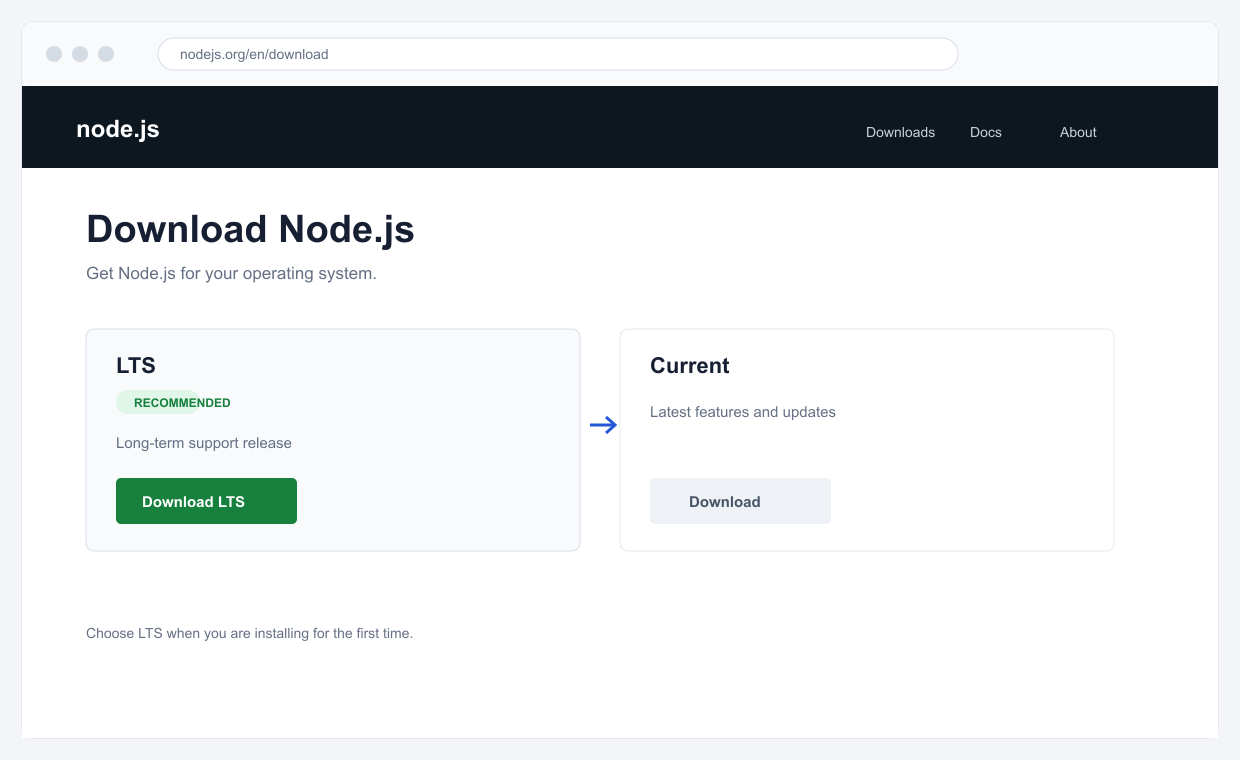 Node.js 공식 다운로드 화면에서 LTS 버전을 선택하는 예시