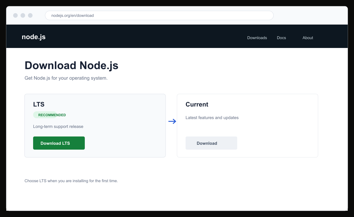 Node.js 공식 다운로드 화면에서 LTS 버전을 선택하는 예시